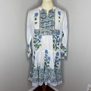 New Juliet Dunn Blockprint Green Blue Floral Dress Sz 3